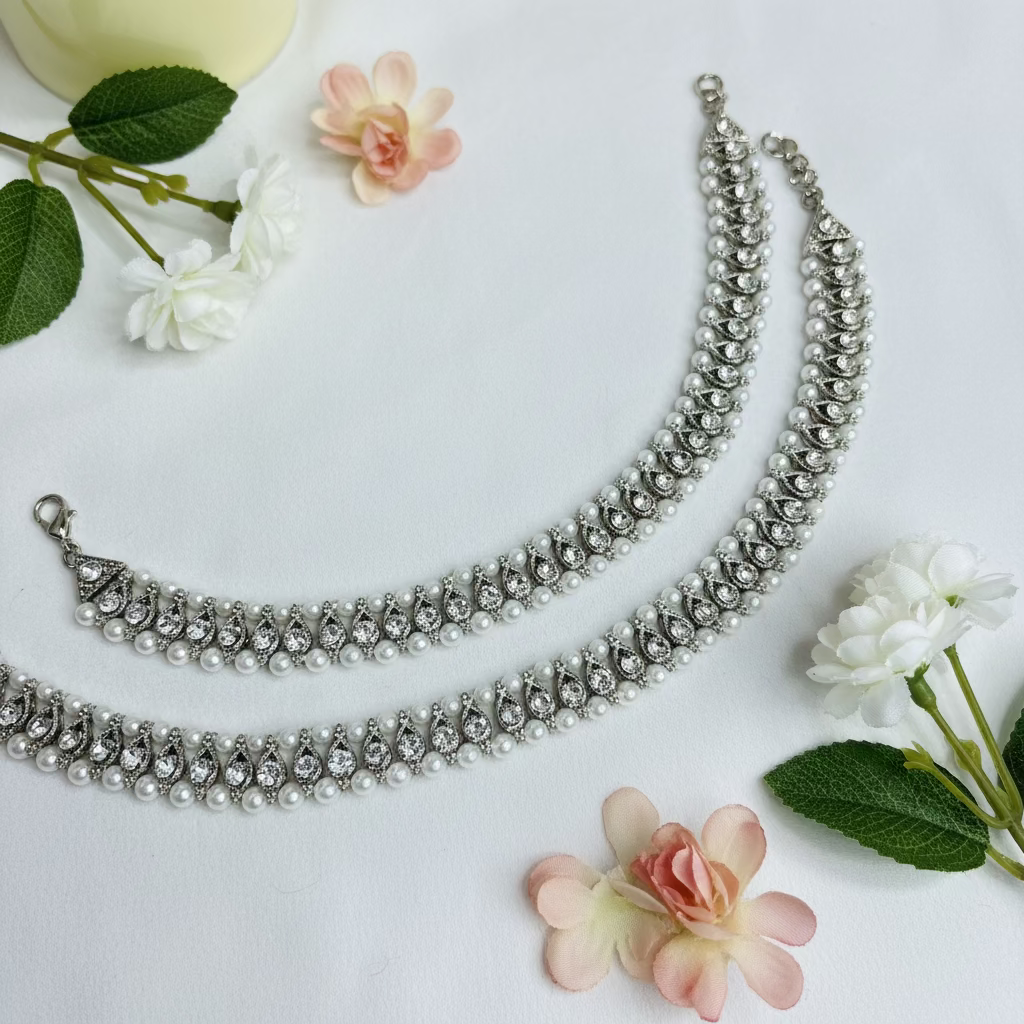 Kundan Silver Anklets