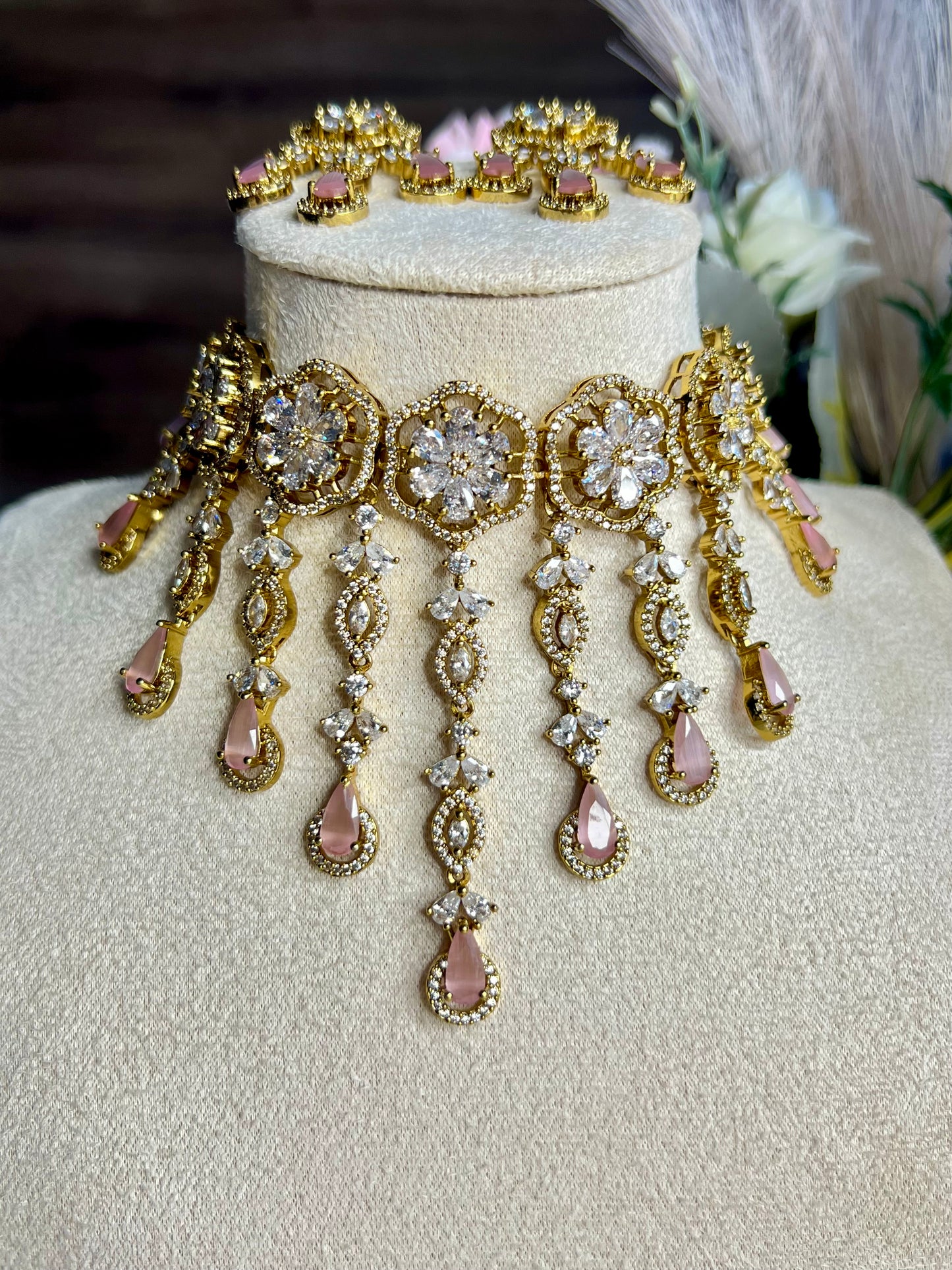 American Diamond Waterfall Necklace Set