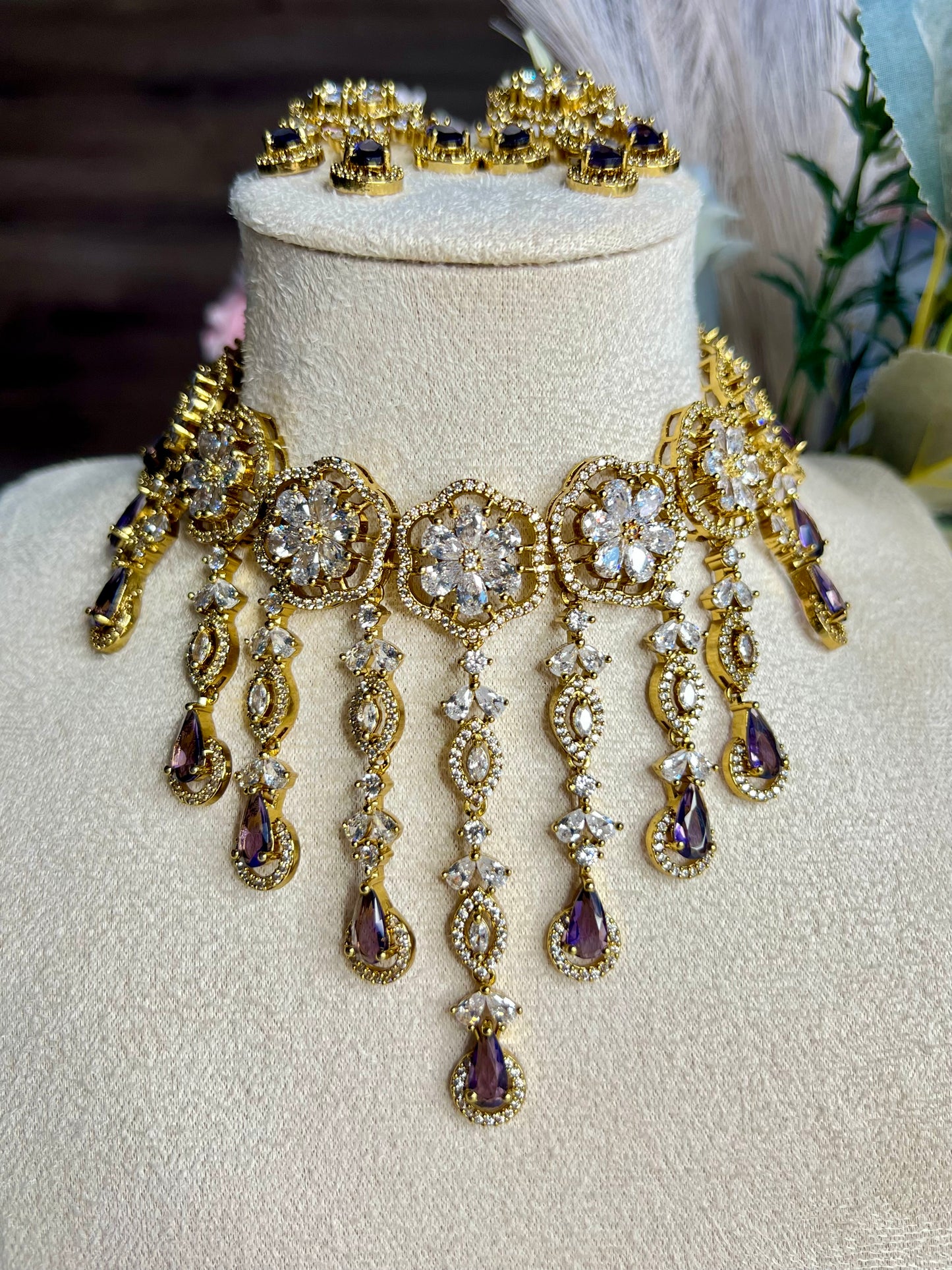 American Diamond Waterfall Necklace Set